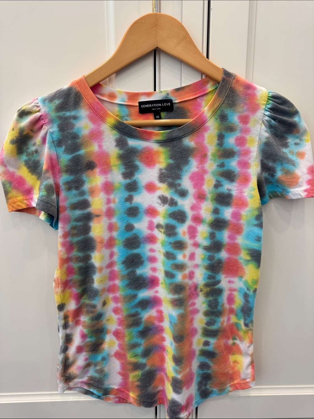 Generation Love Rainbow Tie-Dye Puff Sleeve Tee - Pink, Blue, Yellow, Gray